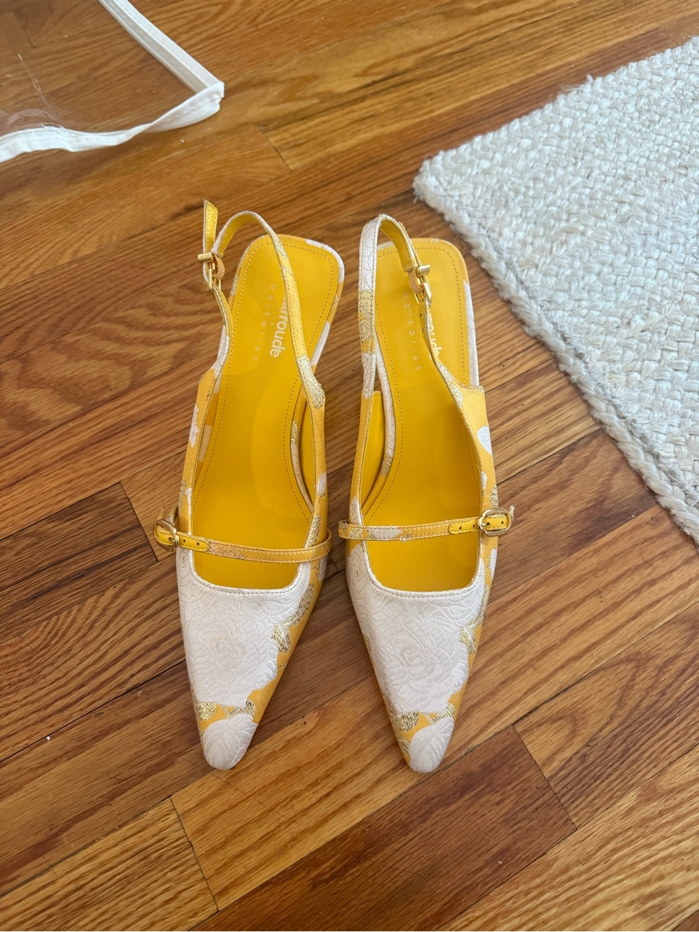 Larroude Cream and Yellow Pointed Slingback Mules